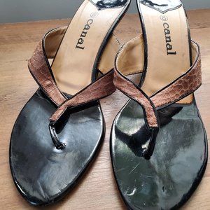 Black Patent Leather & Tan Heeled Flip Flip 10